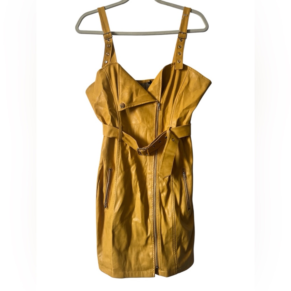 Yellow Faux Leather Dress with Belt